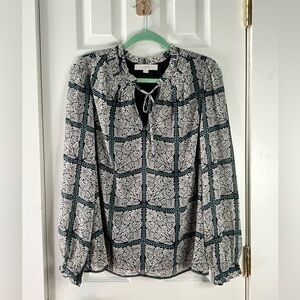 LOFT Floral Tile Print Blouse Boho Tie Neck Top Black Cream Teal Long Sleeve L